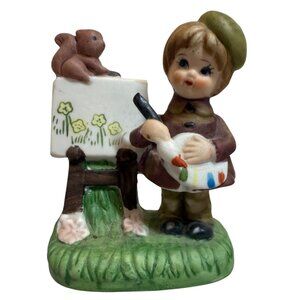 Vintage Ceramic Figurine Of Painter Girl With Squirrel & Easel By Lego Hand-Pain